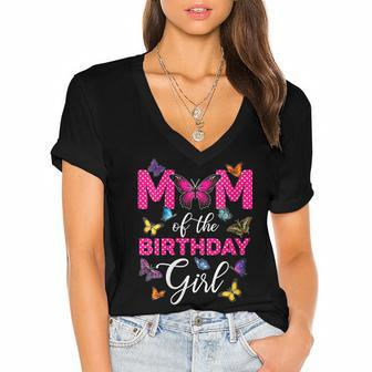 Womens Mom Of The Birthday Girl Butterfly Mama Mommy 1St Bday Women's Jersey Short Sleeve Deep V-Neck Tshirt - Seseable