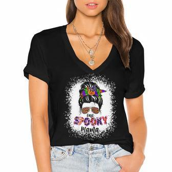 Womens One Spooky Mama Witchy Mama Halloween Messy Bun Mom Bleached Women's Jersey Short Sleeve Deep V-Neck Tshirt - Seseable