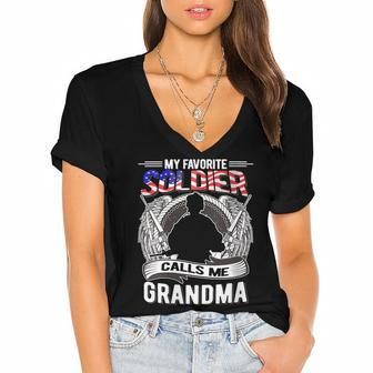 Womens Proud Army Grandma My Favorite Soldier Calls Me Grandma Women's Jersey Short Sleeve Deep V-Neck Tshirt - Thegiftio UK