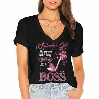 Womens Queen Was Born In September Happy Birthday Gifts For Womens V3 Women's Jersey Short Sleeve Deep V-Neck Tshirt - Thegiftio UK