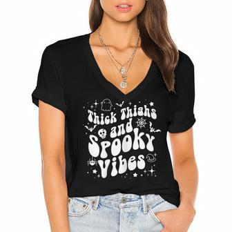 Womens Retro Thick Thighs And Spooky Vibes Funny Halloween Party V2 Women's Jersey Short Sleeve Deep V-Neck Tshirt - Seseable