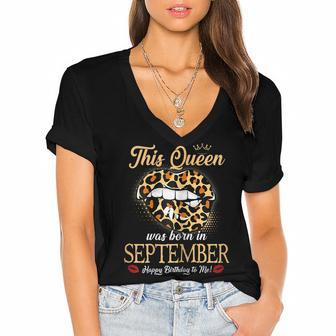 Womens September Birthday Leopard Its My Birthday September Queen Women's Jersey Short Sleeve Deep V-Neck Tshirt - Thegiftio UK