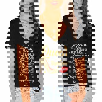 Womens The Queen Was Born In September Happy Birthday To Me Leopard Women's Jersey Short Sleeve Deep V-Neck Tshirt - Thegiftio