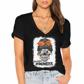 Womens Volleyball Momster Womens Halloween Messy Bun Mom Ster Women's Jersey Short Sleeve Deep V-Neck Tshirt - Thegiftio