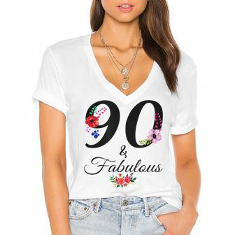 90 & Fabulous 90 Years Old Vintage Floral 1932 90Th Birthday Women's Jersey Short Sleeve Deep V-Neck Tshirt - Seseable