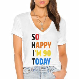 90Th Funny Birthday Gifts For Women Men Party Decorations Women's Jersey Short Sleeve Deep V-Neck Tshirt - Seseable