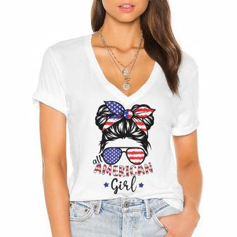 All American Girls 4Th Of July Daughter Messy Bun Usa V5 Women's Jersey Short Sleeve Deep V-Neck Tshirt - Seseable