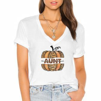 Aunt Pumpkin Thankful Grateful Blessed Fall Season Women's Jersey Short Sleeve Deep V-Neck Tshirt - Seseable