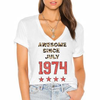 Awesome Since July 1974 Leopard 1974 July Birthday Women's Jersey Short Sleeve Deep V-Neck Tshirt - Seseable