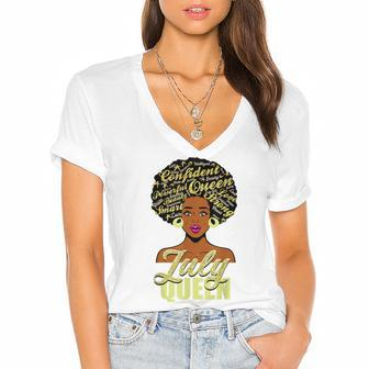Black African American Melanin Afro Queen July Birthday Women's Jersey Short Sleeve Deep V-Neck Tshirt - Seseable