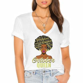 Black African American Melanin Afro Queen October Birthday Women's Jersey Short Sleeve Deep V-Neck Tshirt - Seseable