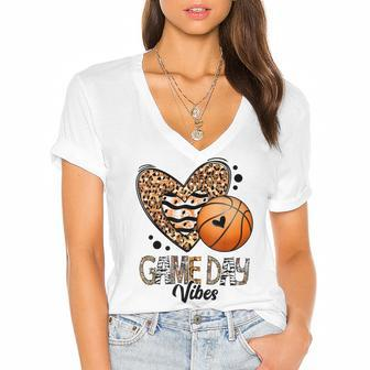 Bleached Basketball Game Day Vibes Basketball Mom Game Day Women's Jersey Short Sleeve Deep V-Neck Tshirt - Thegiftio UK