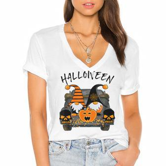 Boo Pumpkin Witch Gnomes In Halloween Truck Funny Holiday V2 Women's Jersey Short Sleeve Deep V-Neck Tshirt - Seseable