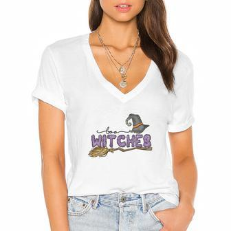 Boo Witches Broom Halloween Boo Crew Women's Jersey Short Sleeve Deep V-Neck Tshirt - Seseable