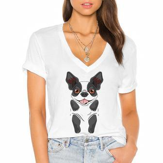 Boston Terrier Design For Dog Lover Women's Jersey Short Sleeve Deep V-Neck Tshirt | Mazezy