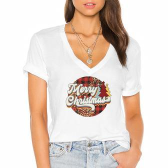 Buffalo Plaid Christmas Merry Christmas Women's Jersey Short Sleeve Deep V-Neck Tshirt | Seseable CA