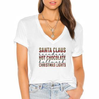 Christmas Buffalo Plaid Santa Claus Hot Cocoa Holiday Christmas Lights Women's Jersey Short Sleeve Deep V-Neck Tshirt | Seseable CA