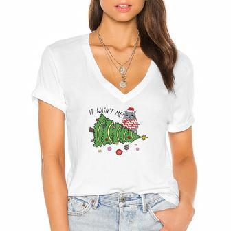 Christmas Funny Cat It Was Not Me Gift For Cat Lovers Women's Jersey Short Sleeve Deep V-Neck Tshirt - Seseable