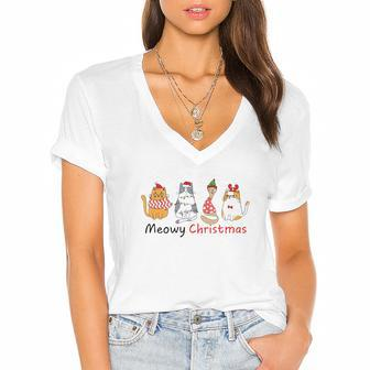 Christmas Funny Cat Meowy Christmas Gift For Cat Lovers Women's Jersey Short Sleeve Deep V-Neck Tshirt - Seseable