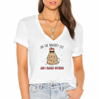 Christmas On The Naughty List And I Regret Nothing Xmas Cat Lovers Gifts Women's Jersey Short Sleeve Deep V-Neck Tshirt - Seseable