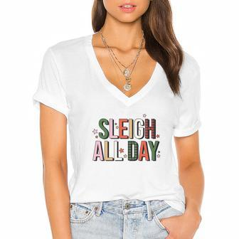 Christmas Retro Sleigh All Day Women's Jersey Short Sleeve Deep V-Neck Tshirt | Seseable UK