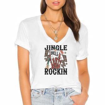 Christmas Skeleton Jingle Bell Rockin Women's Jersey Short Sleeve Deep V-Neck Tshirt | Seseable UK