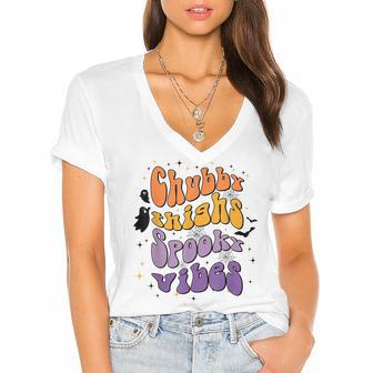 Chubby Thighs And Spooky Vibes Happy Halloween Women's Jersey Short Sleeve Deep V-Neck Tshirt - Seseable