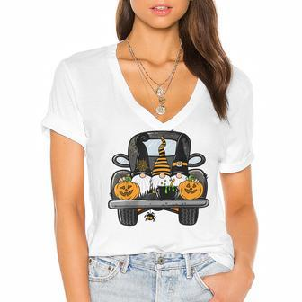 Cute Gnomes Pumpkin With Truck Halloween Costume Party Women's Jersey Short Sleeve Deep V-Neck Tshirt - Seseable