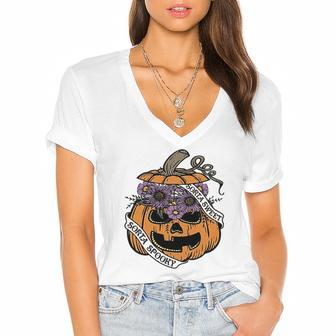 Cute Halloween Sorta Sweet Sorta Spooky Pumpkin Florals Women's Jersey Short Sleeve Deep V-Neck Tshirt - Seseable