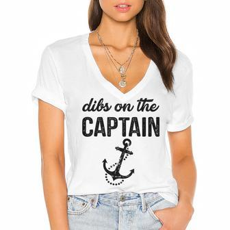 Dibs On The Captain Retro Anchor Funny Captain Wife Women's Jersey Short Sleeve Deep V-Neck Tshirt - Thegiftio UK