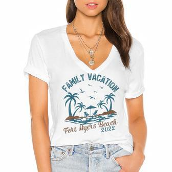 Family Vacation 2022 Palm Tree Florida Fort Myers Beach Women's Jersey Short Sleeve Deep V-Neck Tshirt - Seseable