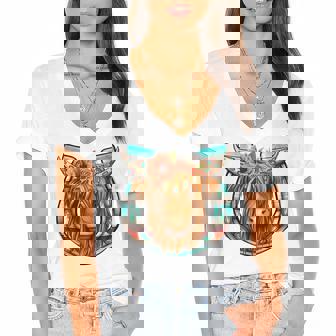 Floral Highland Cow Heifer Horseshoe Western Country Cowboy Women's Jersey Short Sleeve Deep V-Neck Tshirt - Thegiftio