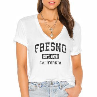 Fresno California Ca Vintage Sports Design Black Design Women's Jersey Short Sleeve Deep V-Neck Tshirt | Mazezy