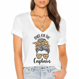 Funny Captain Wife Dibs On The Captain Saying Cute Messy Bun Women's Jersey Short Sleeve Deep V-Neck Tshirt - Thegiftio UK