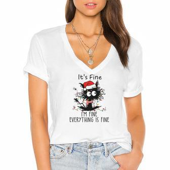 Funny Christmas Black Cat It Is Fine I Am Fine Everything Is Fine Women's Jersey Short Sleeve Deep V-Neck Tshirt | Seseable CA