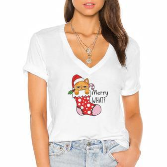 Funny Christmas Cat Merry What Xmas Holiday Women's Jersey Short Sleeve Deep V-Neck Tshirt | Seseable CA