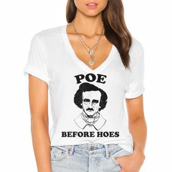 Funny Edgar Allan Poe Poe Before Hoes Reading Women's Jersey Short Sleeve Deep V-Neck Tshirt - Seseable