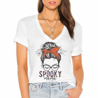 Funny Halloween Spooky Mom Messy Bun Skull Mama Costume Women's Jersey Short Sleeve Deep V-Neck Tshirt - Seseable