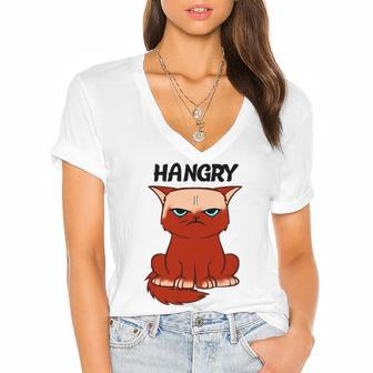 Funny Hangry Cat Cartoon Style Humor Tee Women's Jersey Short Sleeve Deep V-Neck Tshirt | Mazezy