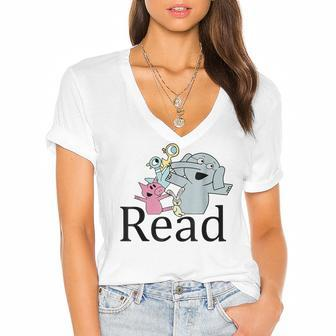 Funny Read Book Club Piggie Elephant Pigeons Teacher Women's Jersey Short Sleeve Deep V-Neck Tshirt - Thegiftio UK