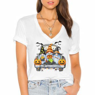 Funny Women Halloween Truck Gnomes Pumpkin Kids Thanksgiving V2 Women's Jersey Short Sleeve Deep V-Neck Tshirt - Seseable