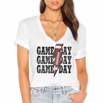 Game Day Football Season Lightning Bolt Funny Football Mom Women's Jersey Short Sleeve Deep V-Neck Tshirt - Thegiftio UK