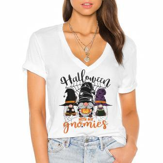 Gnomes Halloween With My Gnomies Witch Garden Gnome Women's Jersey Short Sleeve Deep V-Neck Tshirt - Thegiftio UK