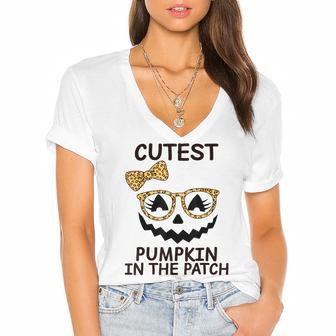 Halloween Cutest Pumpkin In The Patch Girl Halloween Pumpkin Women's Jersey Short Sleeve Deep V-Neck Tshirt - Seseable