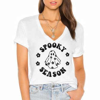 Halloween Ghost Vintage Groovy Trick Or Treat Spooky Vibes Women's Jersey Short Sleeve Deep V-Neck Tshirt - Seseable