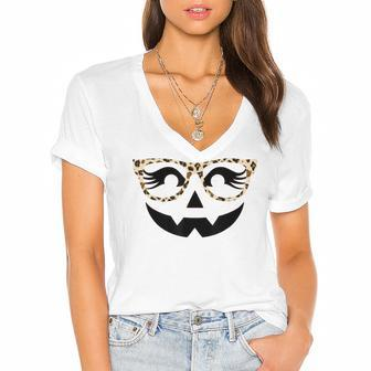 Halloween Jack O Lantern Face Pumpkin Leopard Glasses Decor Women's Jersey Short Sleeve Deep V-Neck Tshirt - Seseable