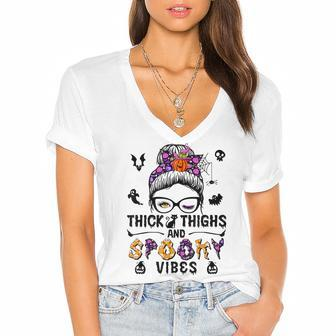 Halloween Messy Bun Thick Thighs And Spooky Vibes Women's Jersey Short Sleeve Deep V-Neck Tshirt - Seseable