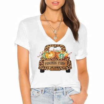 Halloween Pumpkin Farm Farmer Leopard Truck Farmers Wife Women's Jersey Short Sleeve Deep V-Neck Tshirt - Seseable