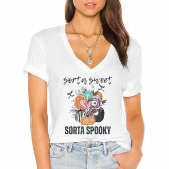 Halloween Sorta Sweet Sorta Spooky Pumpkin Florals Gift Women's Jersey Short Sleeve Deep V-Neck Tshirt - Seseable