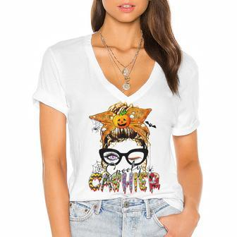 Halloween Spooky Cashier Messy Bun Glasses Spooky Women's Jersey Short Sleeve Deep V-Neck Tshirt - Seseable